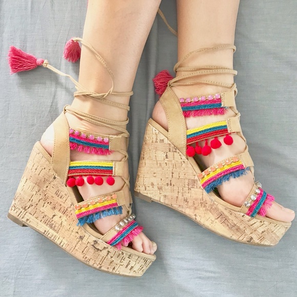 Shoes - Strappy colorful multicolor jeweled sandals heels